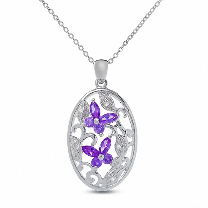 Main Image 1 of Amethyst Butterfly Pendant in Sterling Silver with Diamond Accents