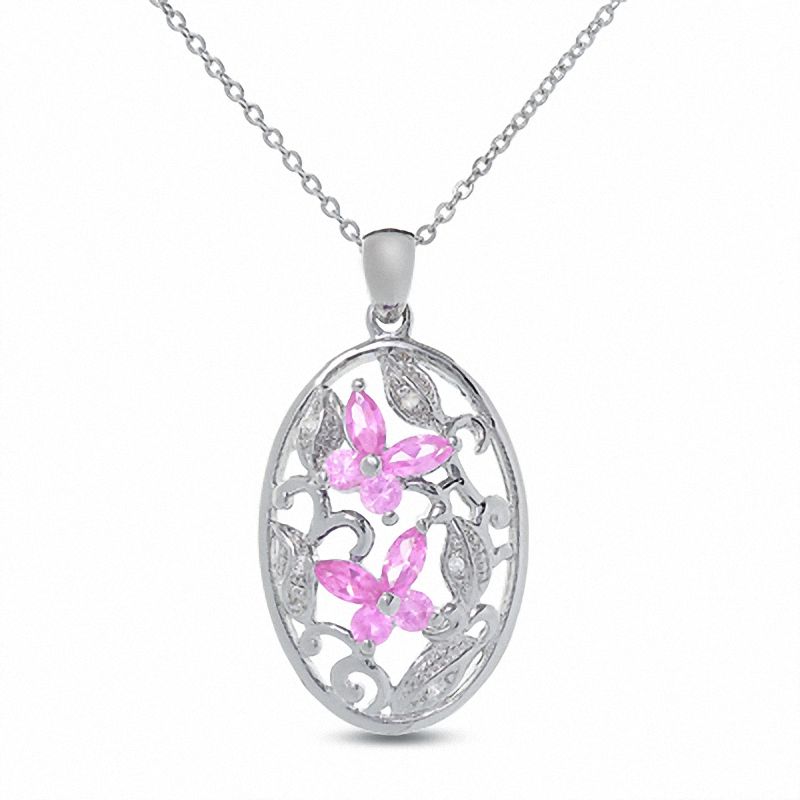 Main Image 1 of Lab-Created Pink Sapphire Butterfly Pendant in Sterling Silver with Diamond Accents