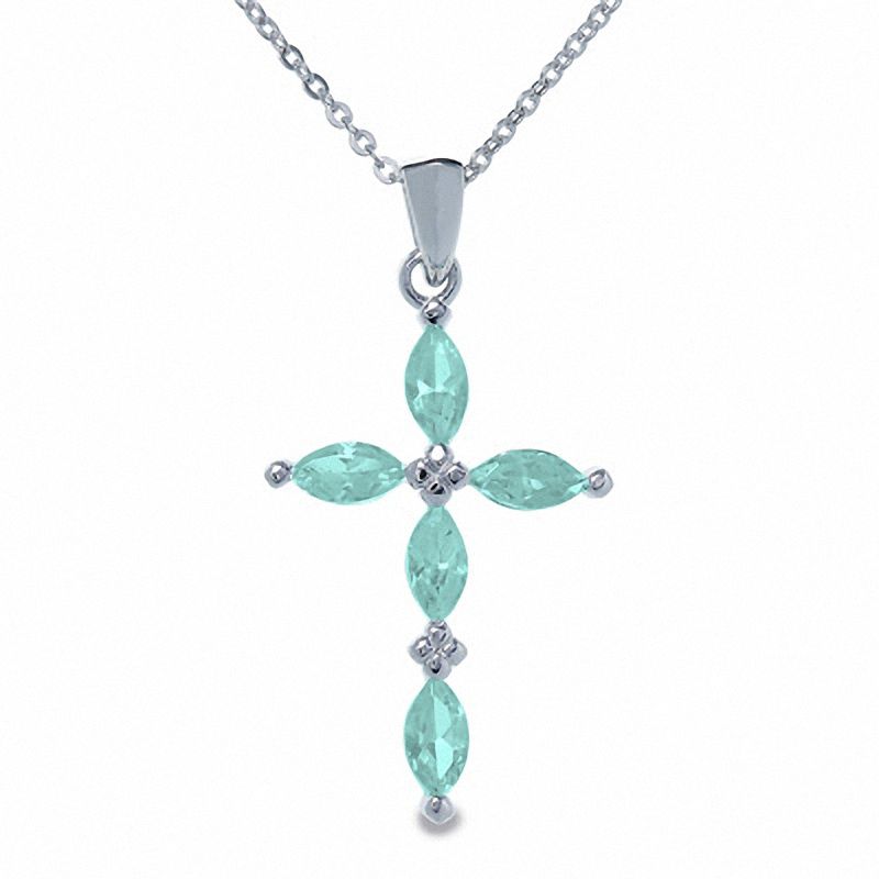 Main Image 1 of Simulated Aquamarine Cross Pendant in Sterling Silver