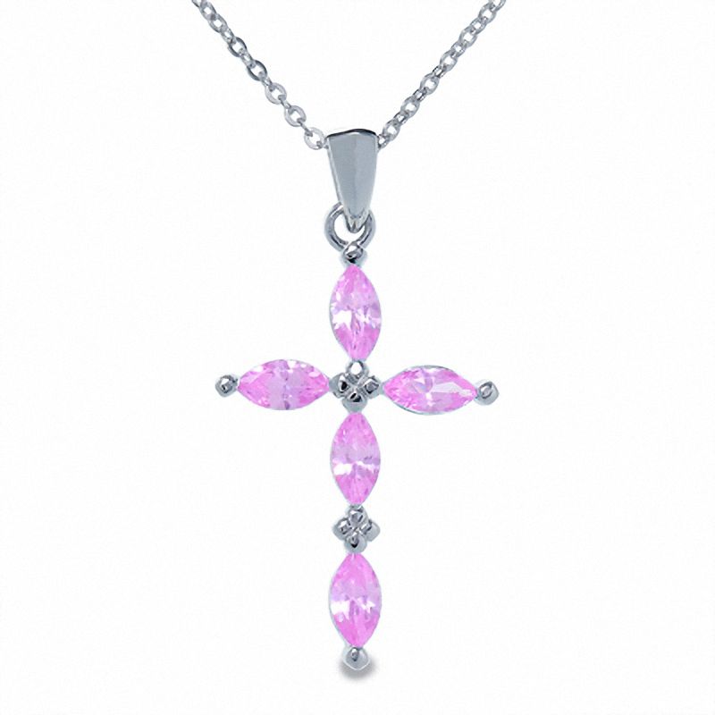 Main Image 1 of Lab-Created Pink Sapphire Cross Pendant in Sterling Silver