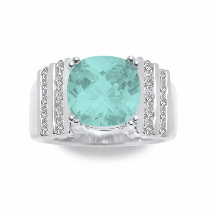 Main Image 1 of Simulated Aquamarine Ring in Sterling Silver with Lab-Created White Sapphire Accents