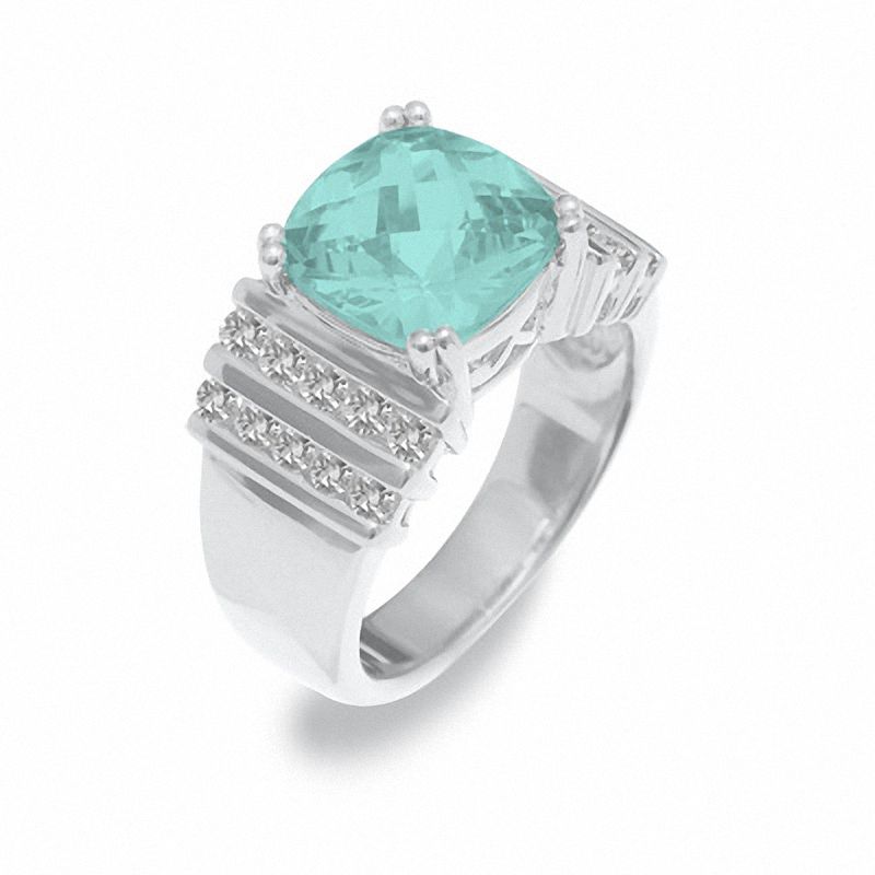 Main Image 2 of Simulated Aquamarine Ring in Sterling Silver with Lab-Created White Sapphire Accents