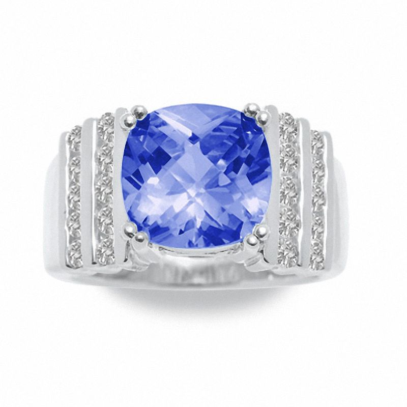 Main Image 1 of Lab-Created Blue Sapphire Ring in Sterling Silver with White Sapphire Accents