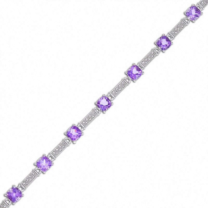 Main Image 1 of Amethyst and Diamond Station Bracelet in Sterling Silver
