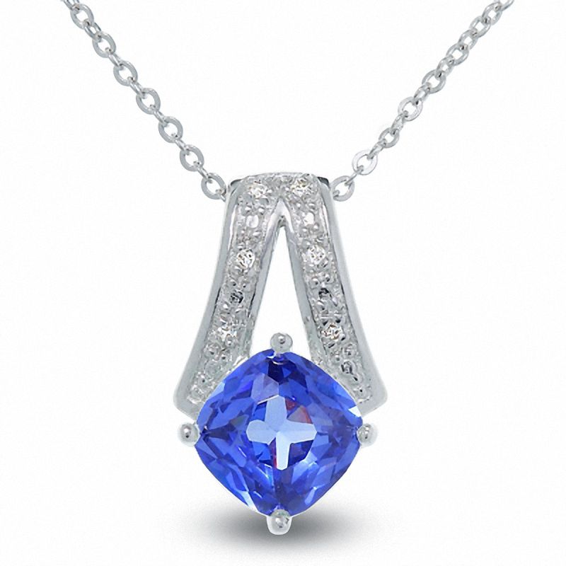 Main Image 1 of Trillion Shaped Simulated Tanzanite Pendant in Sterling Silver with Diamond Accents
