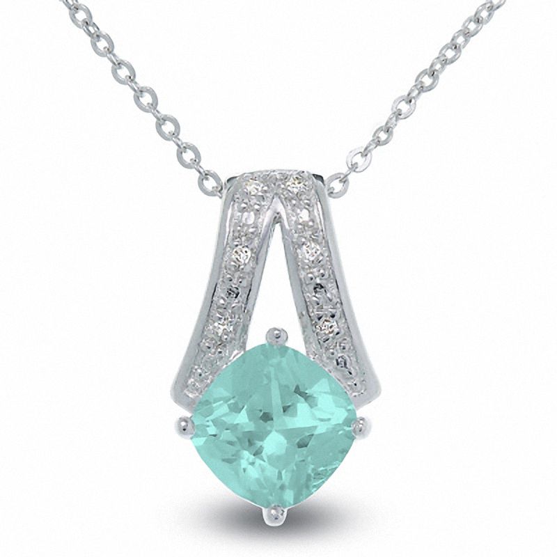 Main Image 1 of Simulated Aquamarine and Diamond Pendant in Sterling Silver