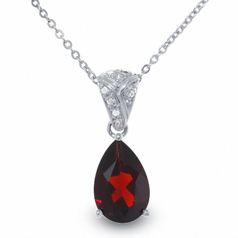 Pear Shaped Garnet Pendant in Sterling Silver with Diamond Accents