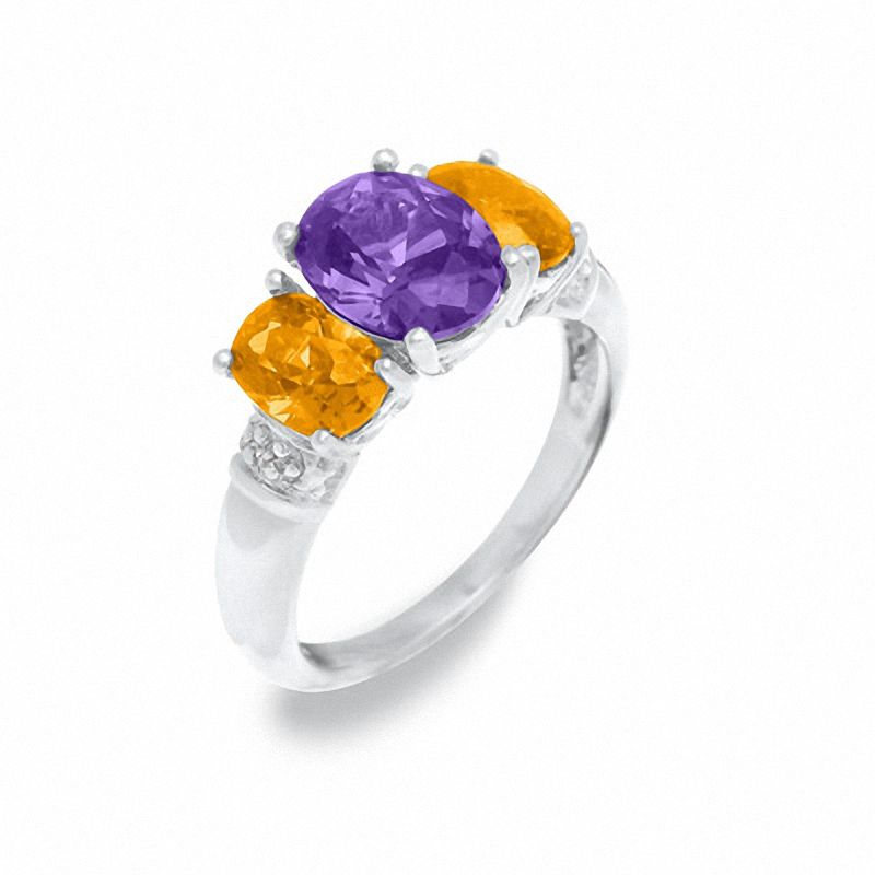 Main Image 1 of Amethyst and Citrine Three Stone Ring in Sterling Silver with Diamond Accents