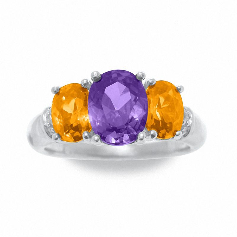 Main Image 2 of Amethyst and Citrine Three Stone Ring in Sterling Silver with Diamond Accents