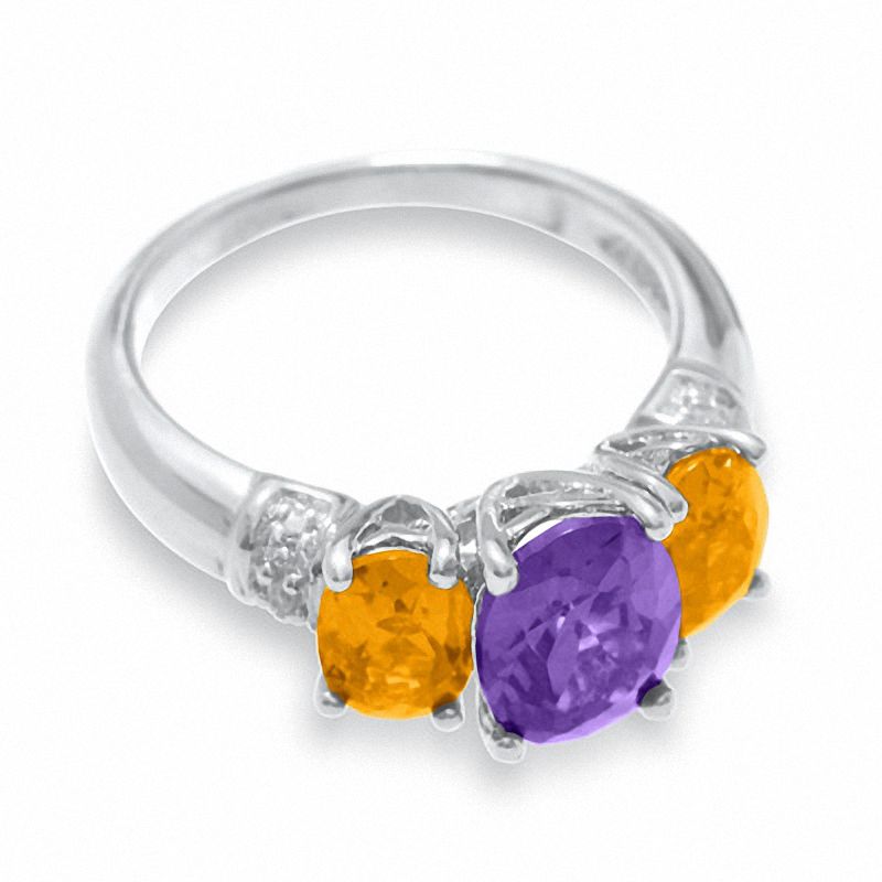 Main Image 3 of Amethyst and Citrine Three Stone Ring in Sterling Silver with Diamond Accents