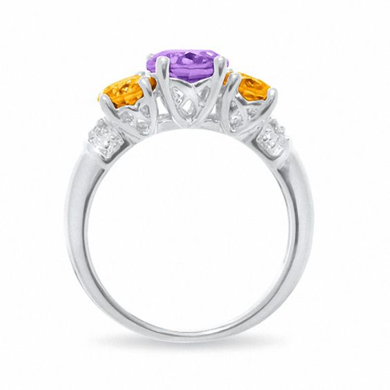 Amethyst and Citrine Three Stone Ring in Sterling Silver with Diamond Accents