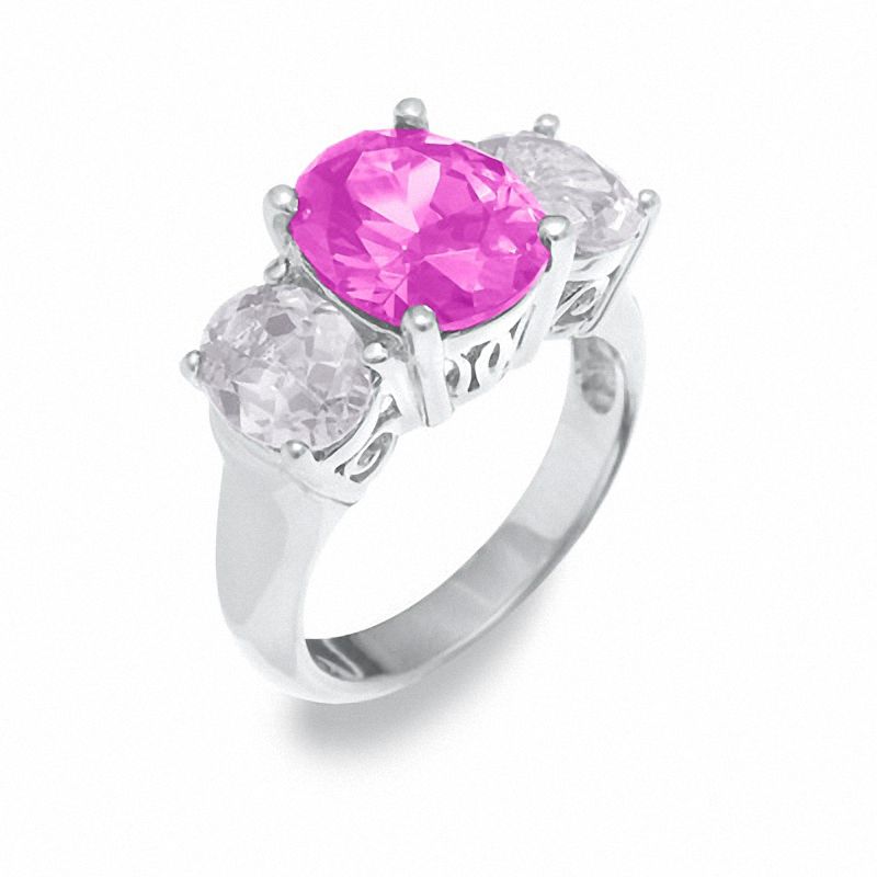 Main Image 1 of Lab-Created Pink Sapphire and White Sapphire Ring in Sterling Silver