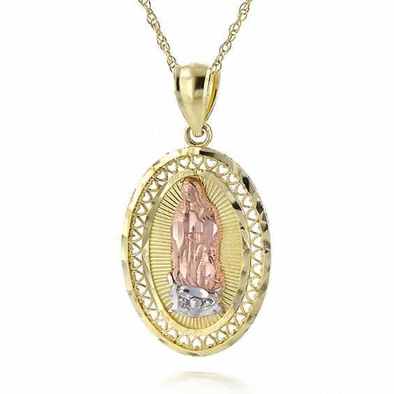 Cubic Zirconia Diamond-Cut Our Lady of Guadalupe Medallion Necklace Charm  in 10K Hollow Gold | Banter