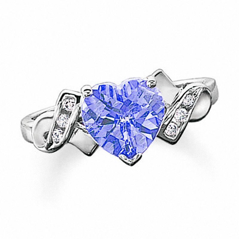 Main Image 1 of Lab-Created Ceylon Sapphire Heart Ring in 10K White Gold with Diamond Accents