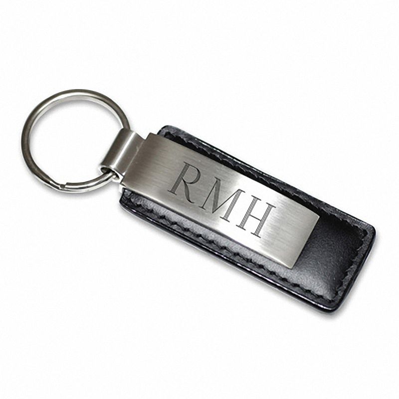 black leather and silver tone engravable key chain 1 line
