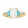 Thumbnail Image 1 of Lab-Created Octagonal Opal and Blue Topaz Three Stone Ring in 10K Gold with Diamond Accents