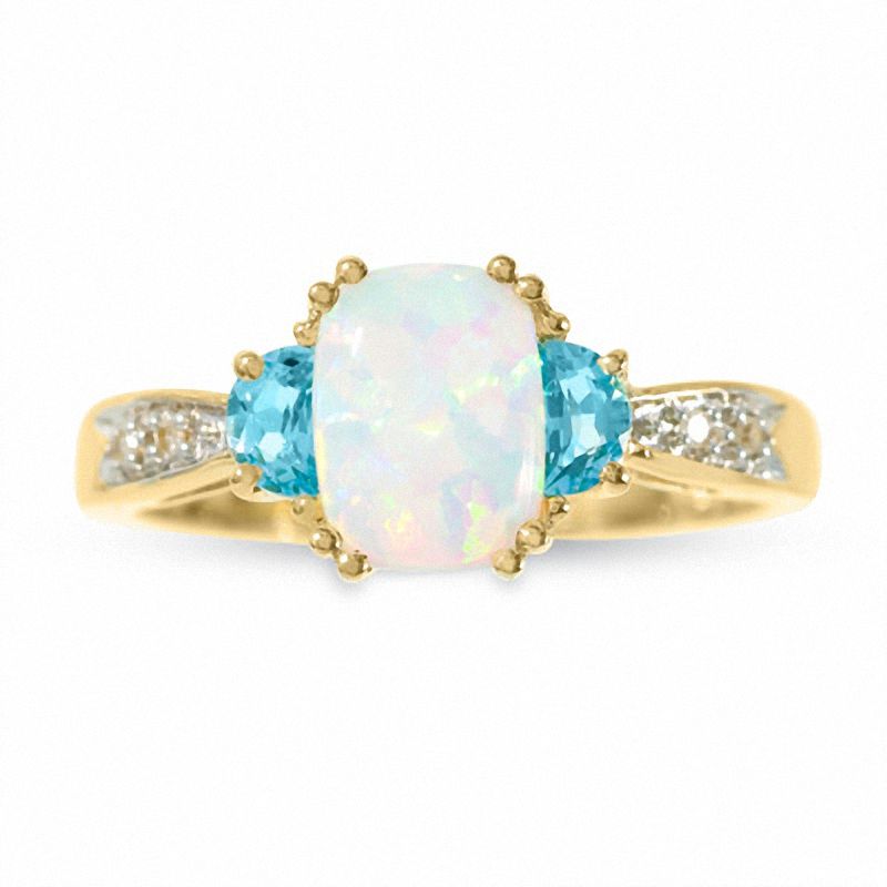 Main Image 1 of Lab-Created Octagonal Opal and Blue Topaz Three Stone Ring in 10K Gold with Diamond Accents