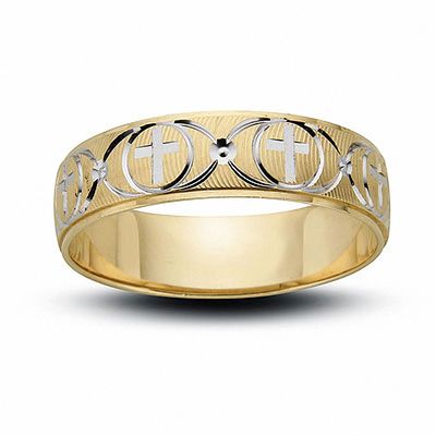 Men S 6 0mm Cross And Wave Wedding Band In 10k Two Tone Gold Zales