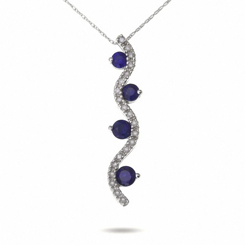 Main Image 1 of Journey Lab-Created Blue Sapphire Vertical Wave Pendant in 10K White Gold with Diamond Accents