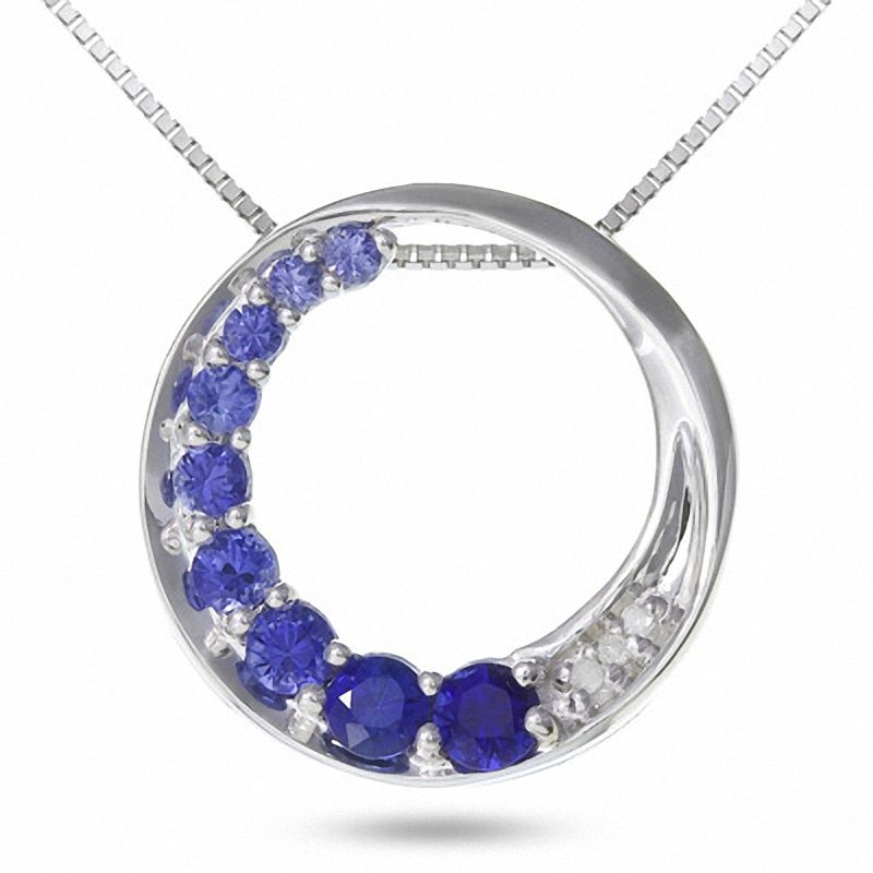 Main Image 1 of Journey Lab-Created Blue Sapphire Circle Pendant in 10K White Gold with Diamond Accents