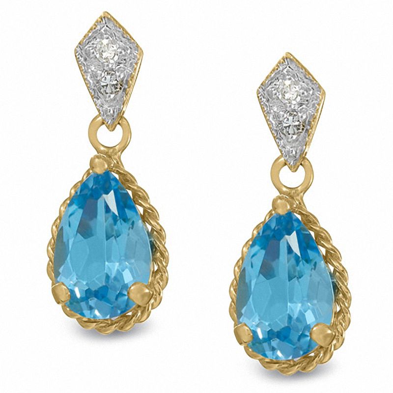 Main Image 1 of Pear Shaped Blue Topaz Drop Earrings with 10K Gold Rope Trim