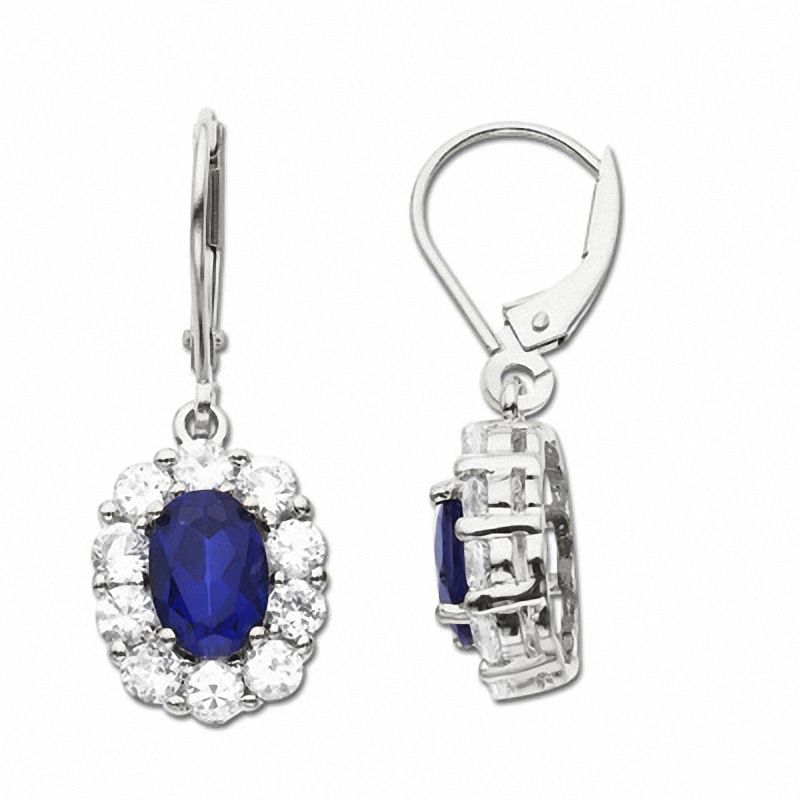 Main Image 1 of Lab-Created Blue Sapphire Drop Earrings in 10K White Gold