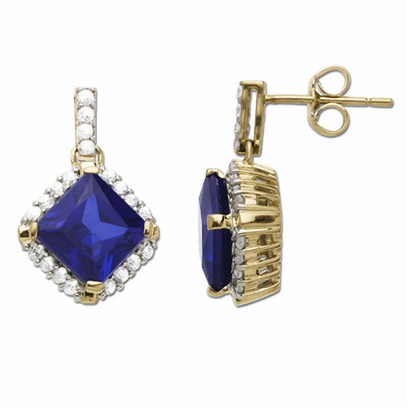 Main Image 1 of Lab-Created Blue Sapphire Earrings in 10K Gold