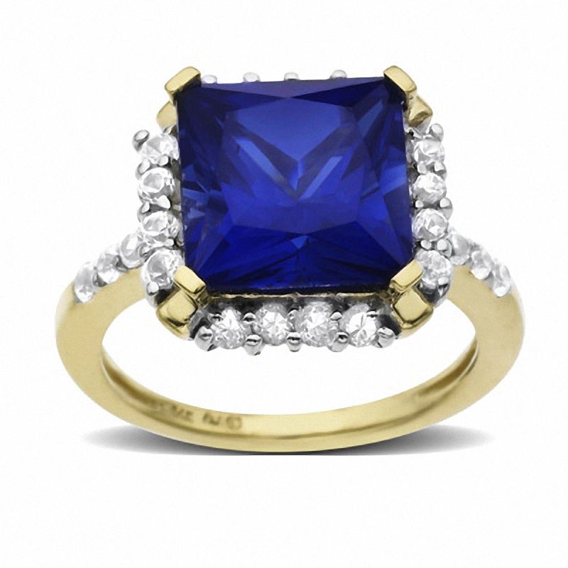 Main Image 1 of Princess-Cut Lab-Created Blue and White Sapphire Ring in 10K Gold