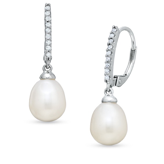 7.0-7.5mm Pear-Shaped Freshwater Cultured Pearl and 1/10 CT. T.w. Diamond Drop Earrings in 10K White Gold