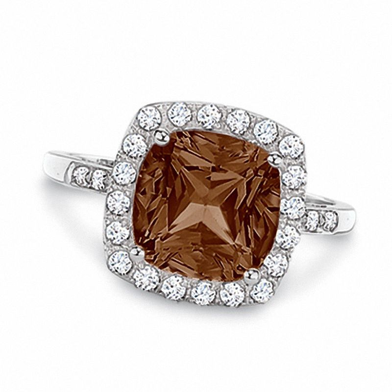 Main Image 1 of Cushion-Cut Smoky Quartz and Lab-Created White Sapphire Ring in 10K White Gold with Diamond Accents