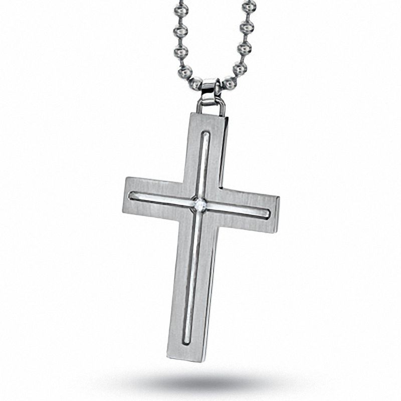 Men's Stainless Steel Cross Pendant on a Bead Chain with Diamond Accent ...