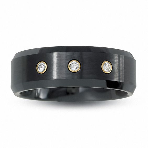 Diamond Accent Three Stone Ring in 14K Gold and Black Ceramic