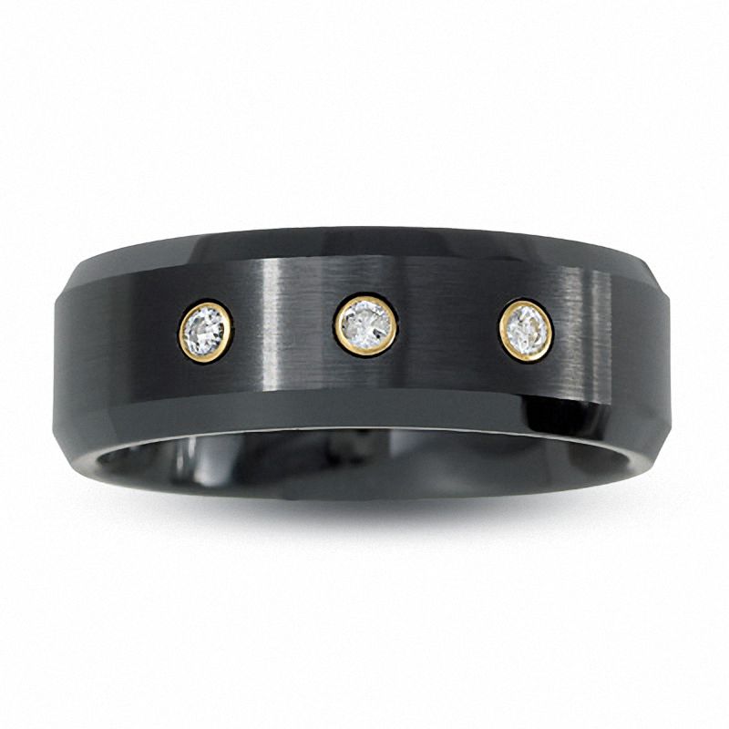 Main Image 1 of Diamond Accent Three Stone Ring in 14K Gold and Black Ceramic