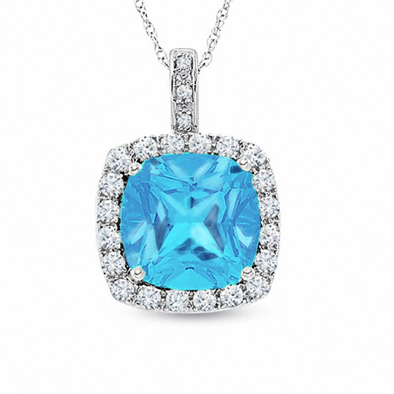 Main Image 1 of Cushion-Cut Blue Topaz and Lab-Created White Sapphire Pendant in 10K White Gold with Diamond Accents