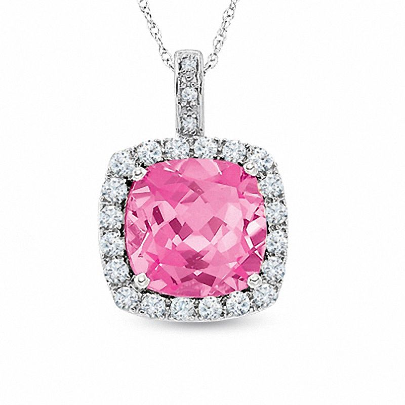 Main Image 1 of Cushion-Cut Lab-Created Pink and White Sapphire Pendant in 10K White Gold with Diamond Accents