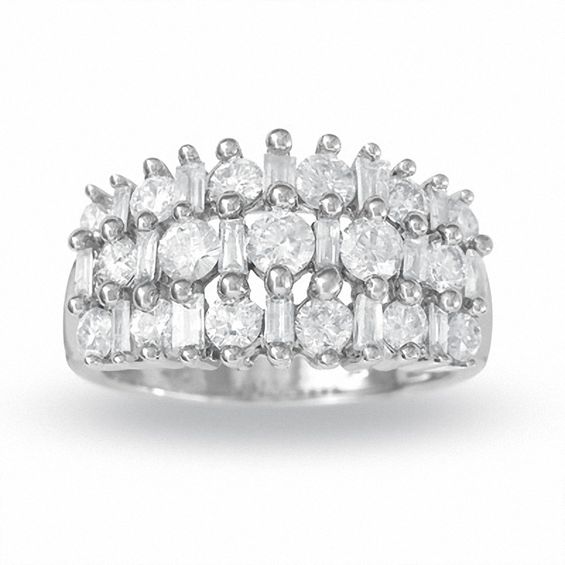 2 CT. T.w. Chunky Round and Baguette Diamond Ring in 14K White Gold