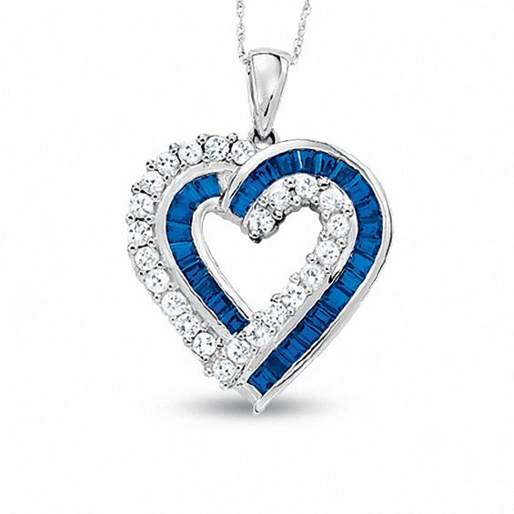 Lab-Created Blue and White Sapphire Heart Pendant in 10K White Gold