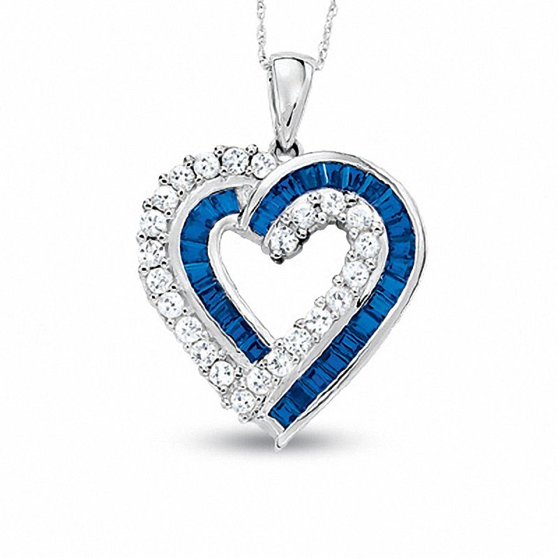 Main Image 1 of Lab-Created Blue and White Sapphire Heart Pendant in 10K White Gold