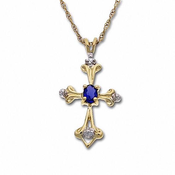 Oval Blue Sapphire Cross Pendant in 10K Gold with Diamond Accents
