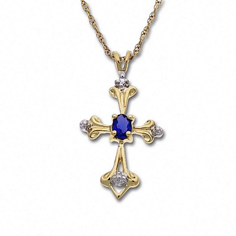 Main Image 1 of Oval Blue Sapphire Cross Pendant in 10K Gold with Diamond Accents