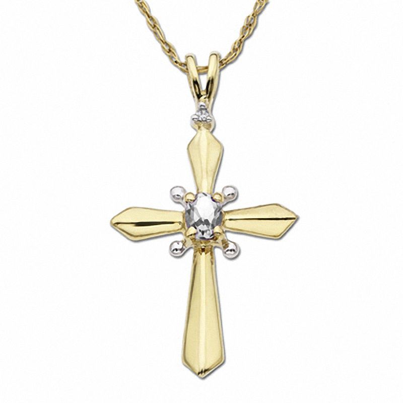 Main Image 1 of Oval White Topaz Cross Pendant in 10K Gold with Diamond Accents