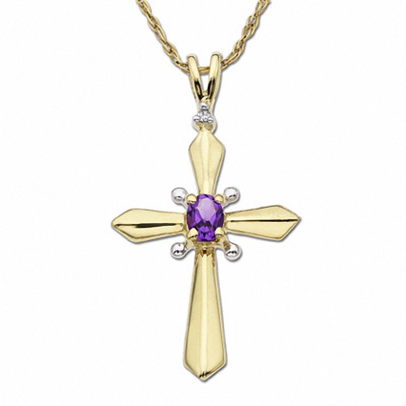 Oval Amethyst Cross Pendant in 10K Gold with Diamond Accents