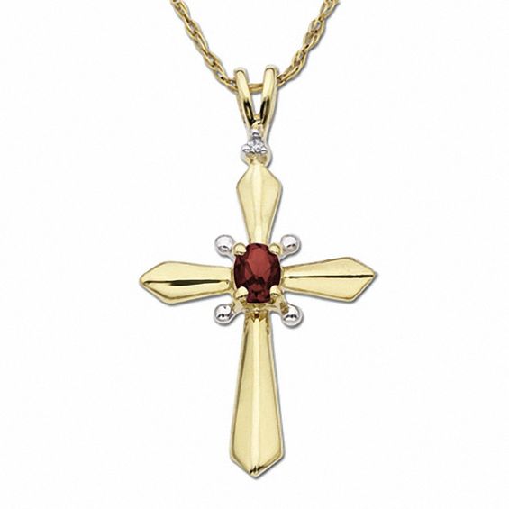 Oval Garnet Cross Pendant in 10K Gold with Diamond Accents