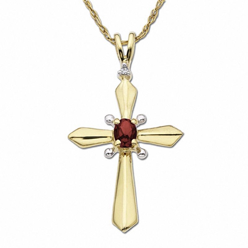 Main Image 1 of Oval Garnet Cross Pendant in 10K Gold with Diamond Accents