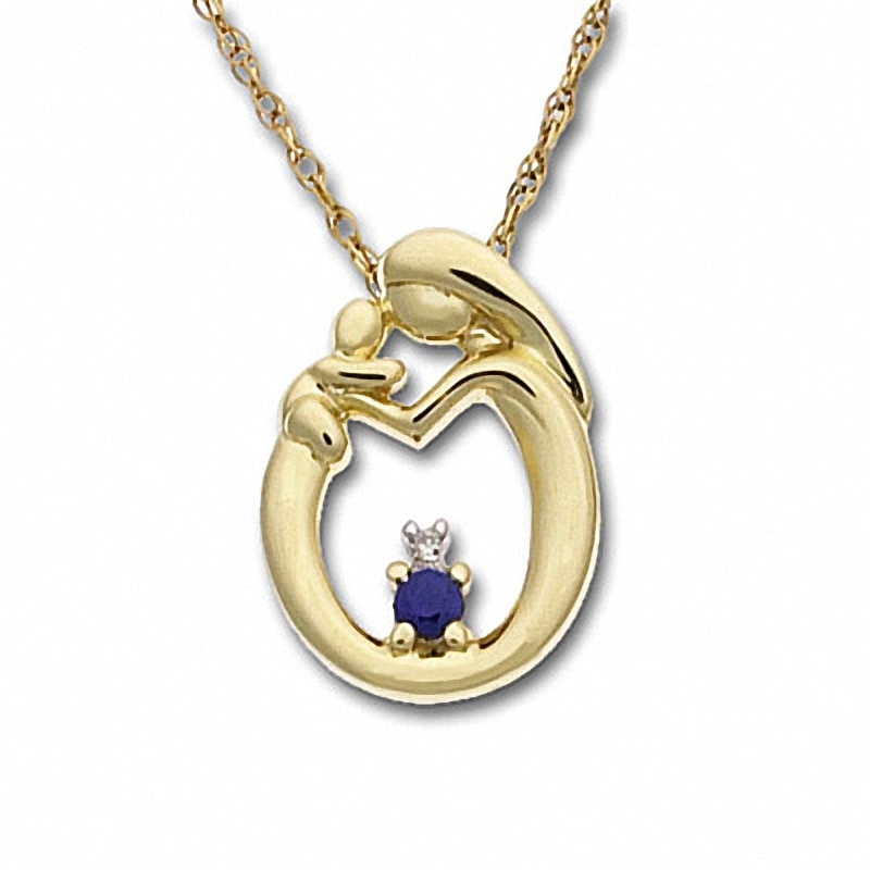 Blue Sapphire Circle Pendant with mother and child in 10K Gold with Diamond Accent