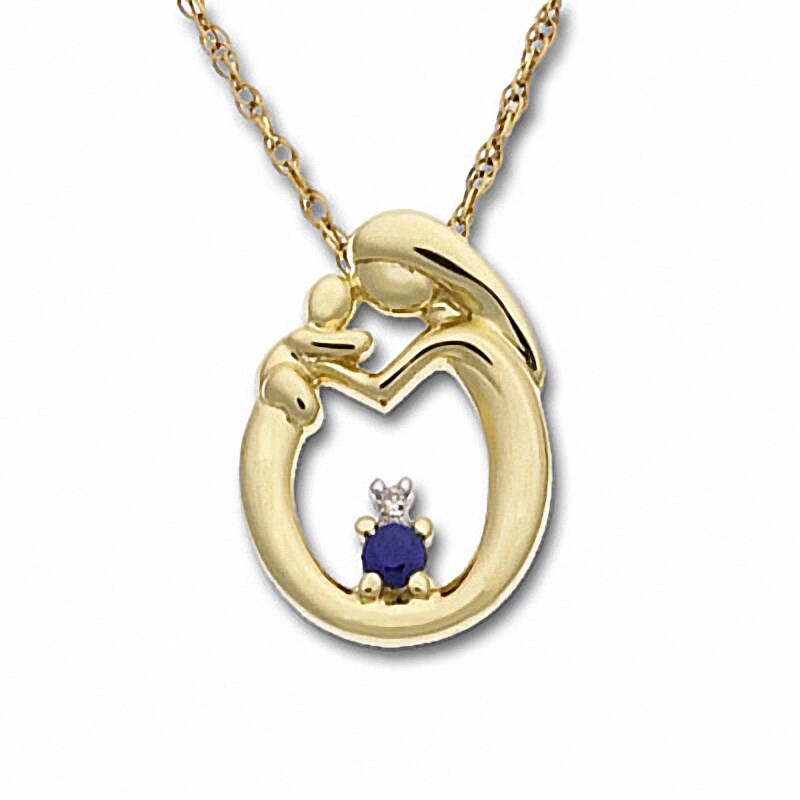Main Image 1 of Blue Sapphire Circle Pendant with mother and child in 10K Gold with Diamond Accent