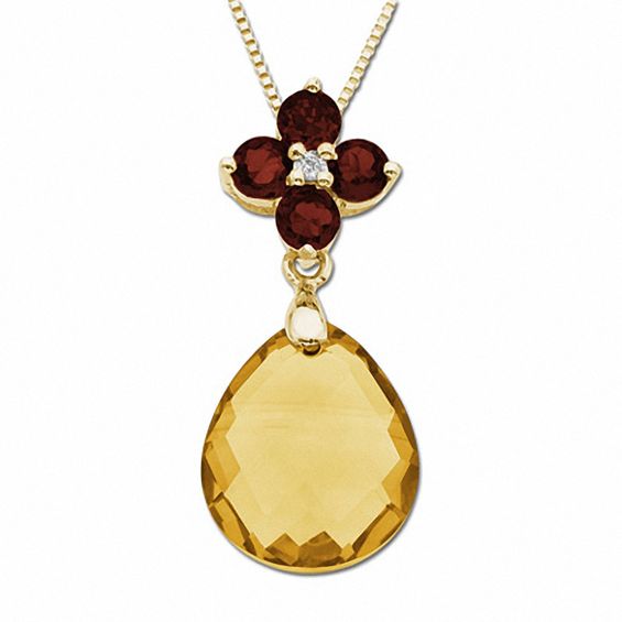 Briolette Citrine and Garnet Drop Pendant in 10K Gold with Diamond Accents
