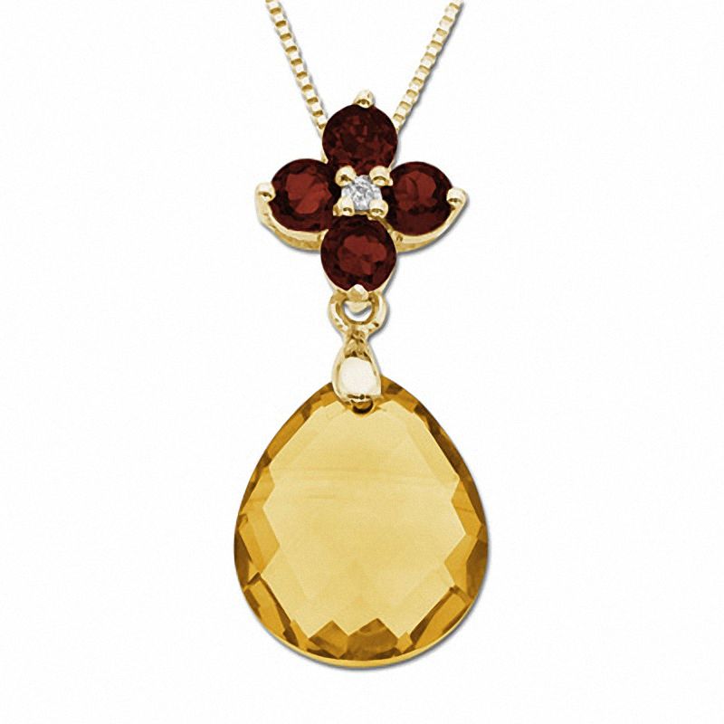 Main Image 1 of Briolette Citrine and Garnet Drop Pendant in 10K Gold with Diamond Accents