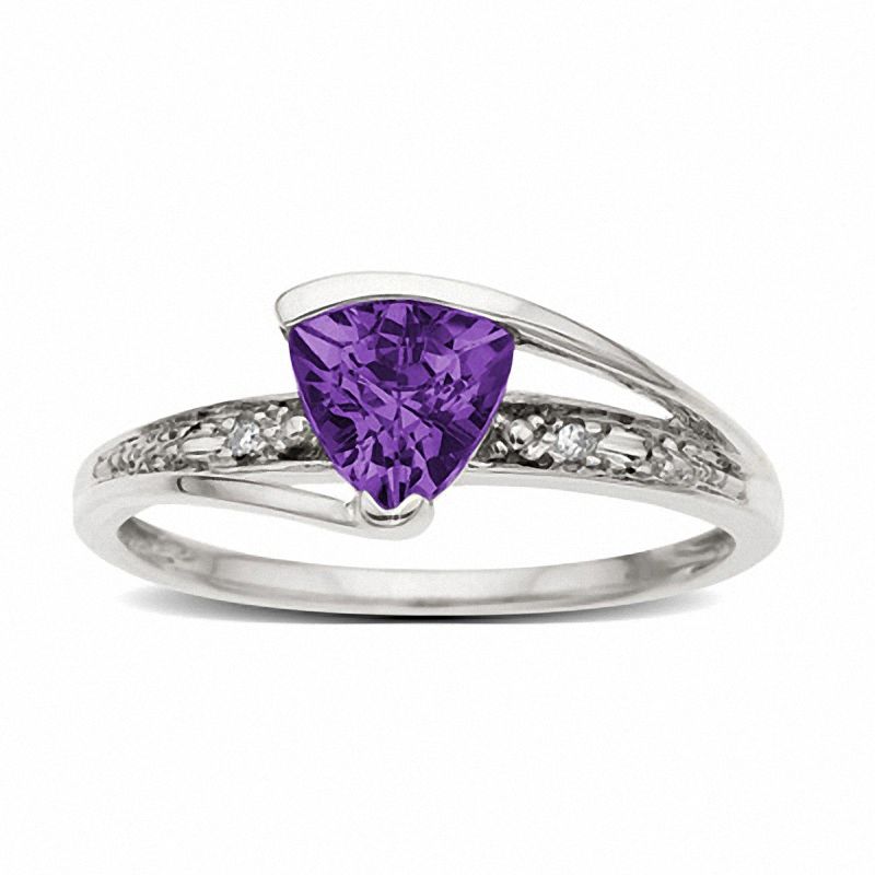 Main Image 1 of Trillion Cut Amethyst Ring in 10K White Gold with Diamond Accents