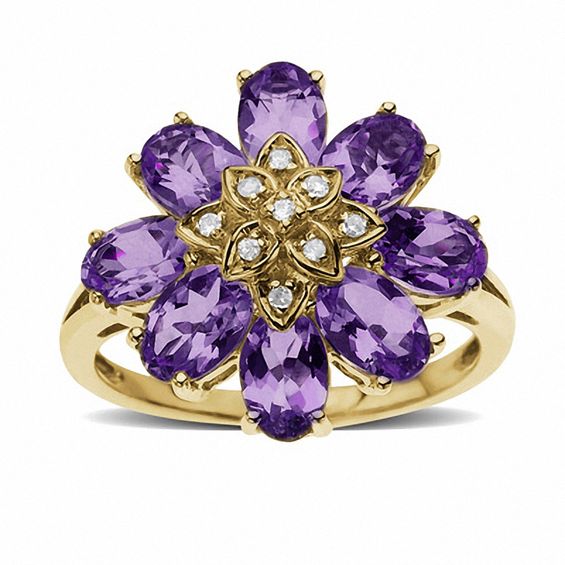 Amethyst Flower Cluster Ring in 10K Gold with Diamond Accents